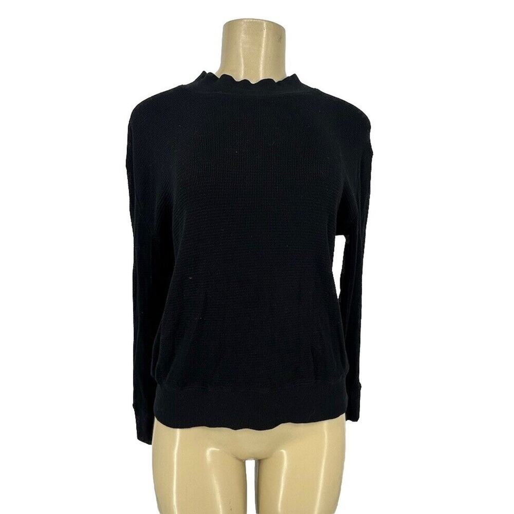 Monrow Small Women Cropped Waffle Knit Long Sleeve T-Shirt Thermal Black BC01